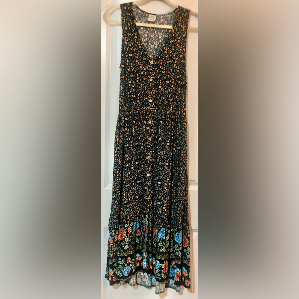 Bohemian Outsider Button-Front Floral Maxi Dress in Black, Blue and Cream~M~